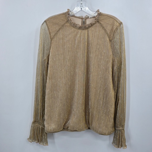 Love and Promises Tops - Love and Promises Blouse Womens Medium Gold Metallic Pleated Ruffle Neck